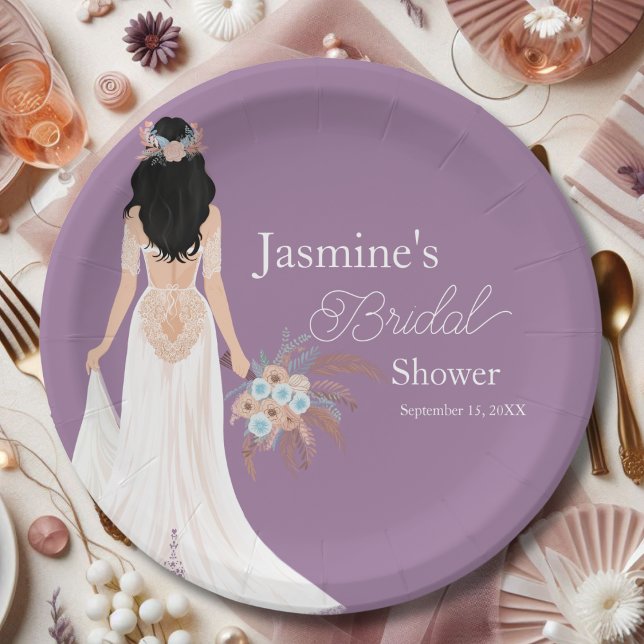Plato De Papel Novia De Cabello Negro Boho Con Flores (Subido por el creador)