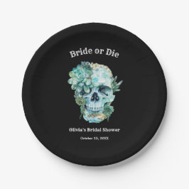 Plato De Papel Novia de cráneo floral Bride or Die Halloween Desa
