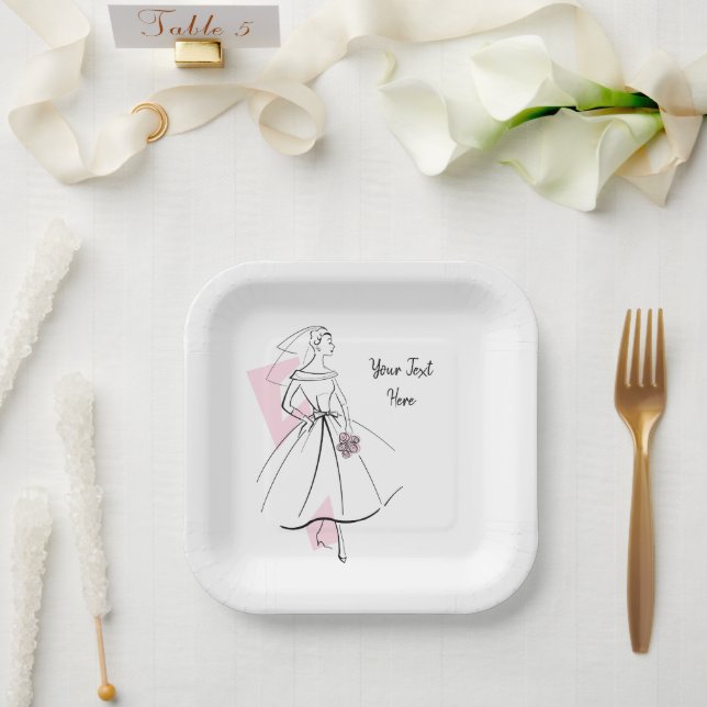 Plato De Papel Novia de Moda Cuadrado de Texto Rosa (Boda)