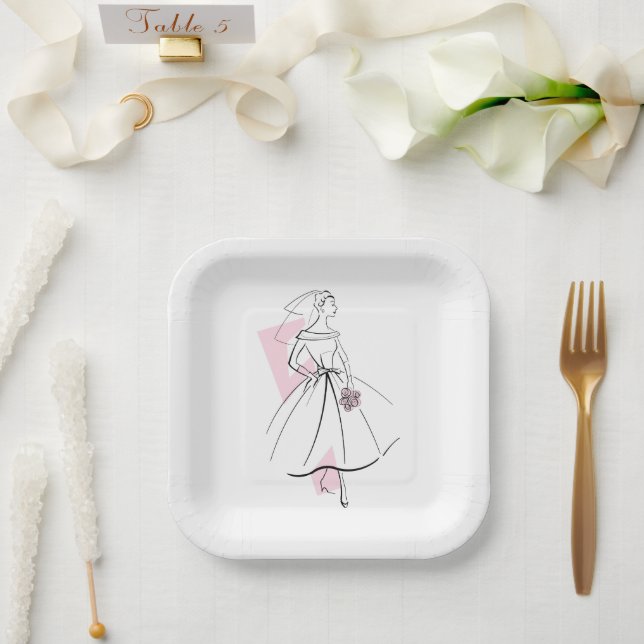 Plato De Papel Novia de moda rosa cuadrado (Boda)