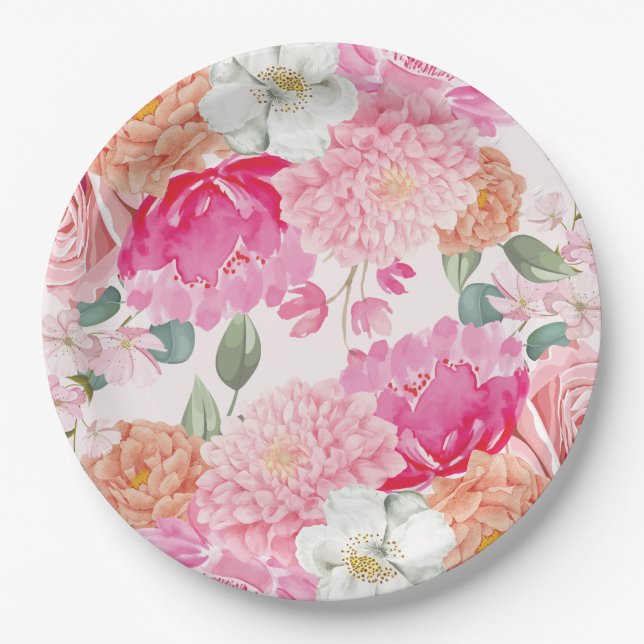 Plato De Papel Novia floral acuarela en ducha de novia en flor (Anverso)