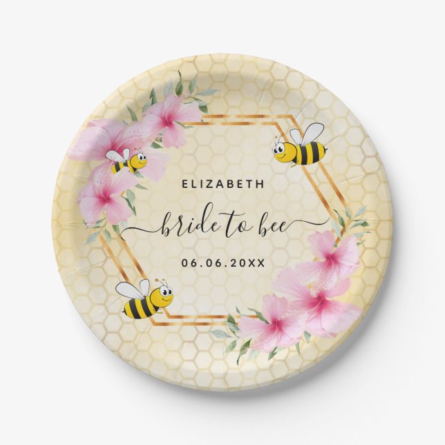 Plato De Papel Novia para ser rosa flores panal de abeja despedid (Anverso)