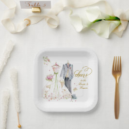 Plato De Papel Novia sonrojada en flor cheers novia y novio