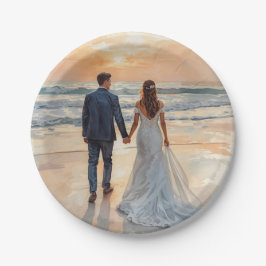 Plato De Papel Novia y Novio Acuarela de Playa Boda Pintada