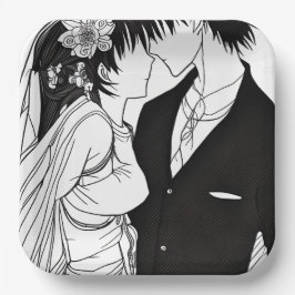 Plato De Papel Novia y novio de anime en blanco y negro en boda