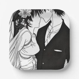 Plato De Papel Novia y novio de anime en blanco y negro en boda