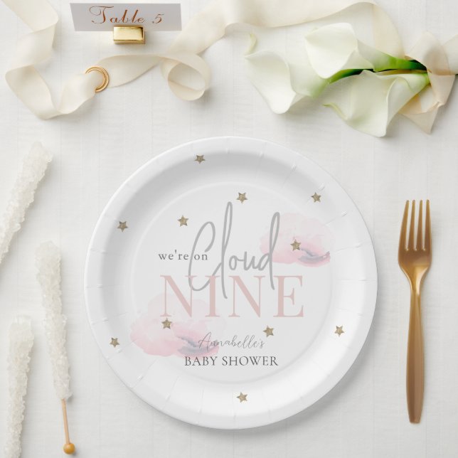 Plato De Papel Nube 9 nubes rosadas y Baby Shower Chica de estrel (Boda)