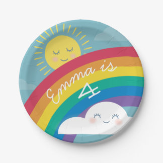 Plato De Papel Nube arcoiris y placas solares de cumpleaños
