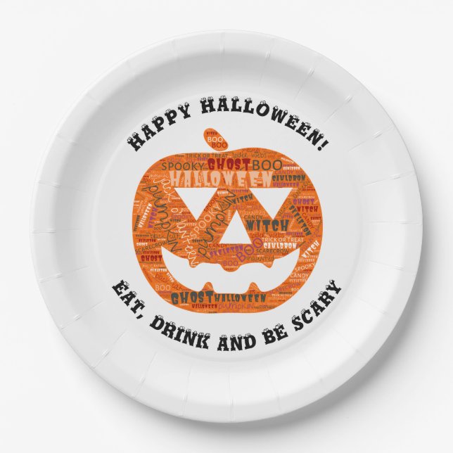 Plato De Papel Nube de palabras personalizada de Halloween Jack-o (Anverso)