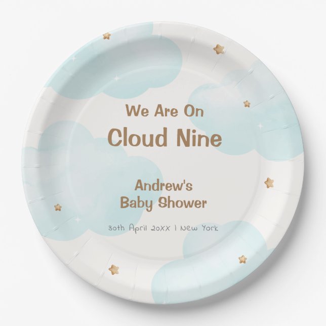 Plato De Papel Nube neutral de género Nueve estrellas Baby Shower (Anverso)