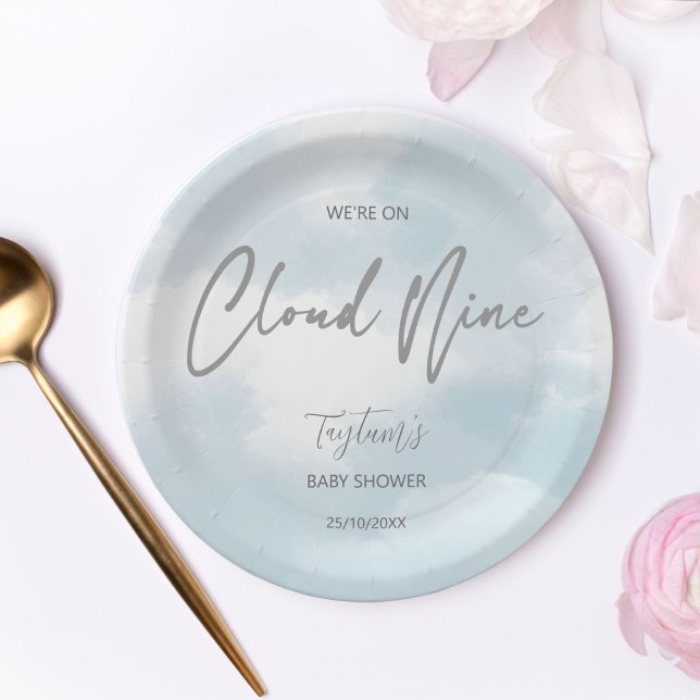 Plato De Papel Nube nueve de ducha de bebé gris polvoriento azul (Cloud nine baby shower grey dusty blue paper plates personalized tableware table decor matching)