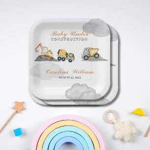 Plato De Papel Nubes beben en construcción, ducha de bebé
