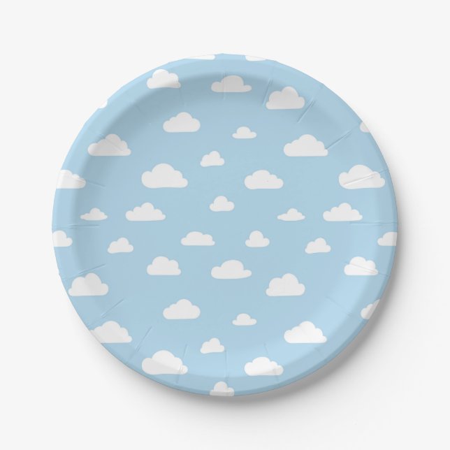 Plato De Papel Nubes blancas del dibujo animado en modelo azul (Anverso)