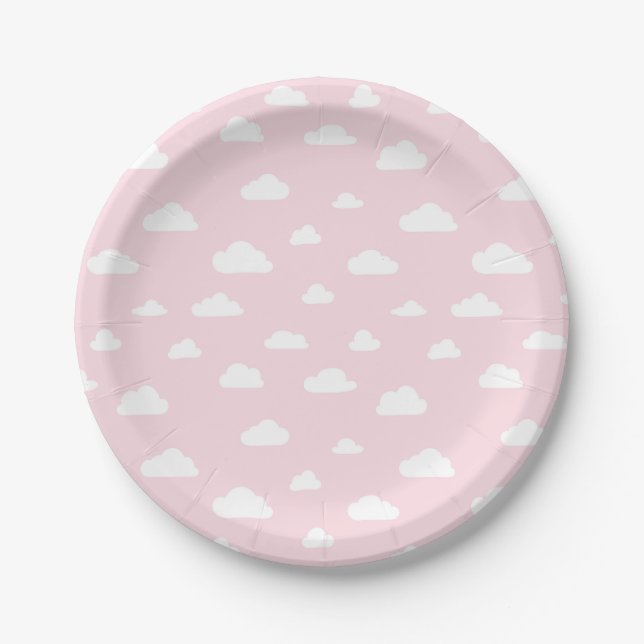 Plato De Papel Nubes blancas del dibujo animado en modelo rosado (Anverso)