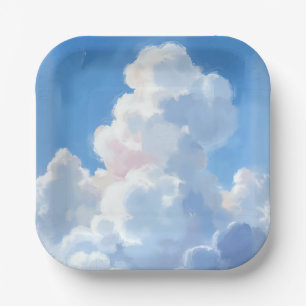 Plato De Papel Nubes Blancas Hermoso Cielo Azul Acuarela