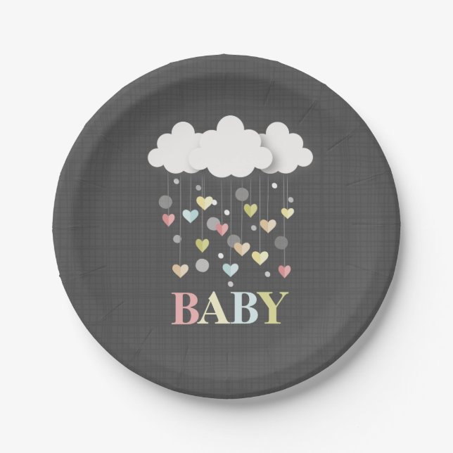 Plato De Papel Nubes + corazón Baby Shower neutral (Anverso)