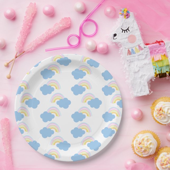 Plato De Papel Nubes de verano arcoíris Garabato pastel Doodle    (Fiesta)