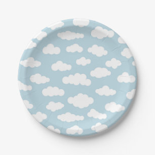 Plato De Papel Nubes Pastel Bebé Asético Azul Y Blanco