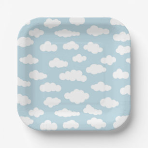 Plato De Papel Nubes Pastel Bebé Asético Azul Y Blanco