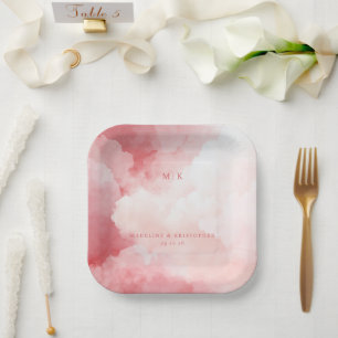 Plato De Papel Nubes Románticas de Acuarela Rosa