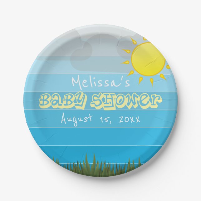Plato De Papel Nubes solares y hierbas en Baby Shower con franjas (Anverso)