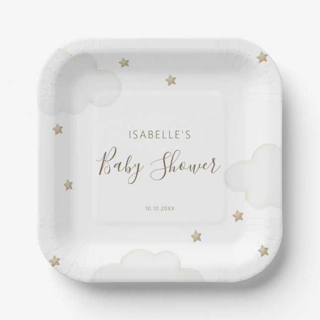 Plato De Papel Nubes y estrellas neutrales de género (Anverso)