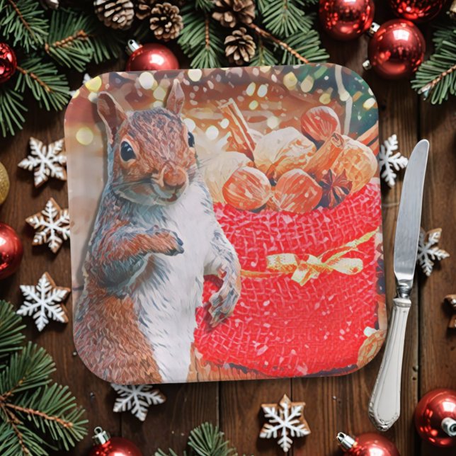 Plato De Papel Nueces de Navidades de ardilla (Look out! If your Christmas plates include nuts of any kind, this squirrel may ask for one (or all)!)