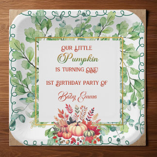 Plato De Papel Nuestra pequeña calabaza cumple 1 año Corona verde