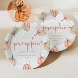 Plato De Papel Nuestra pequeña calabaza Pink White Fall Fiesta de