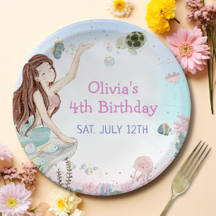 Plato De Papel Nuestra pequeña sirena Chica de cuarto cumpleaños,