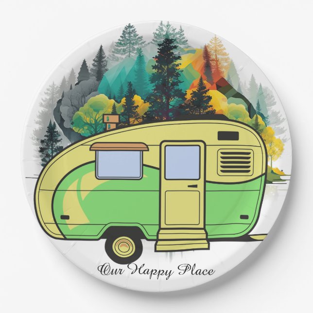 Plato De Papel Nuestro Lugar Feliz. Placa de papel de camping ret (Anverso)