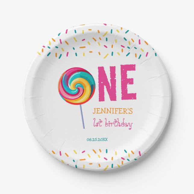 Plato De Papel Nuestro pequeño amor Lollipop primer cumpleaños (Anverso)