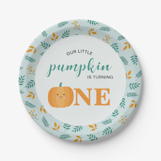Plato De Papel Nuestro pequeño calabaza primer cumpleaños (Anverso)