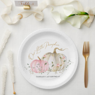 Plato De Papel Nuestro pequeño Chica de calabaza primer cumpleaño