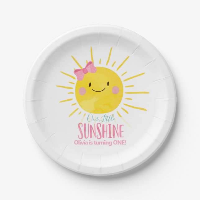 Plato De Papel Nuestro pequeño Chica Sunshine rosado Bow Sun Fies (Anverso)