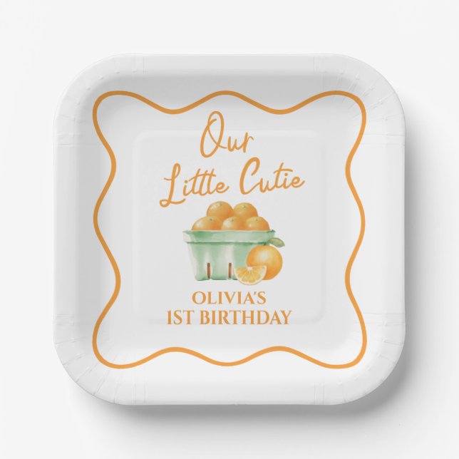 Plato De Papel Nuestro pequeño cumpleaños naranja lindo (Anverso)