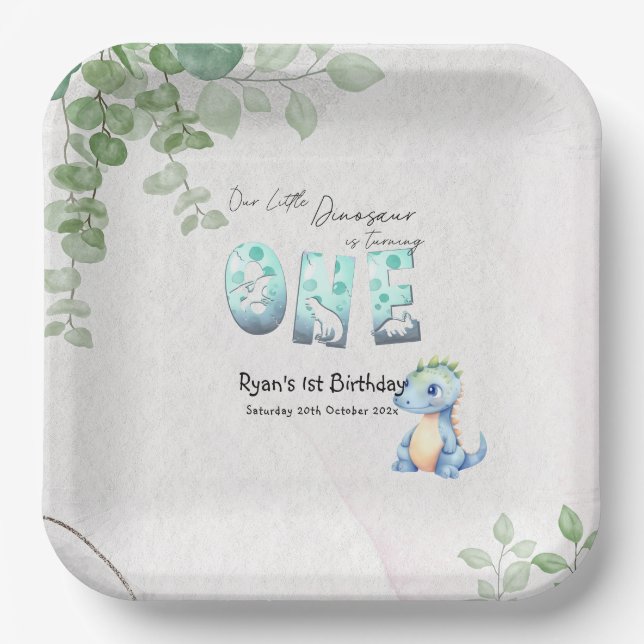 Plato De Papel Nuestro pequeño dinosaurio cumple un primer cumple (Anverso)