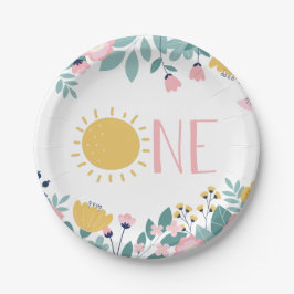 Plato De Papel Nuestro Pequeño Floral de Sol UNO Cumpleaños