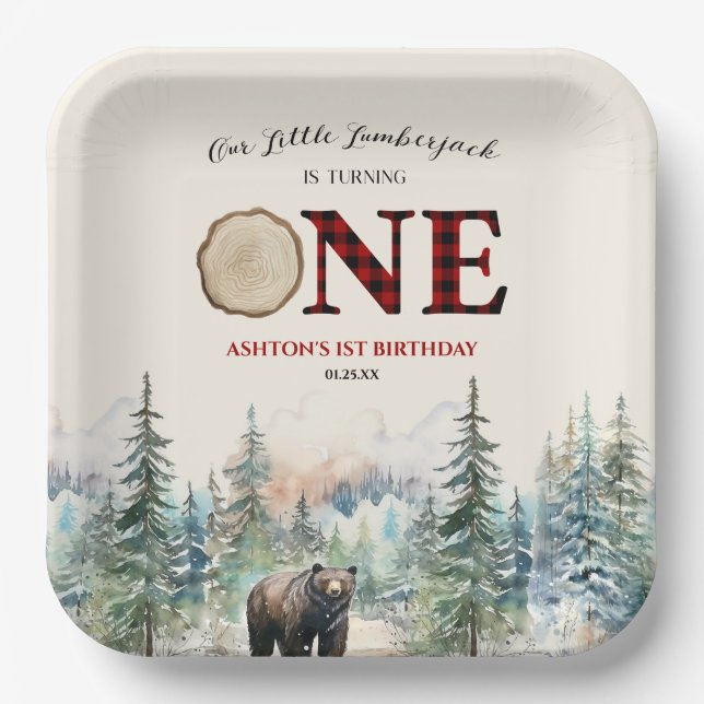Plato De Papel Nuestro pequeño Lumberjack Oso Rojo Primer Fiesta  (Anverso)