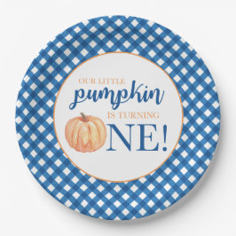 Plato De Papel Nuestro pequeño Pumpkin azul a cuadros primer cump