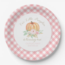 Plato De Papel Nuestro pequeño pumpkin oro y floral primer cumple