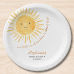 Plato De Papel Nuestro Pequeño Rayo De Sol Baby Shower<br><div class="desc">¿Está planeando una ducha de bebé con temática solar? Este lindo plato de papel para bebé dice "Nuestro pequeño rayo de sol está casi aquí" en una tipografía de escritura elegante con un sol de color amarillo sonriente. Personalizable fácil. Hay servilletas de papel y tazas a juego en mi tienda....</div>