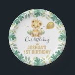 Plato De Papel Nuestro pequeño Rey León Crown Balón Primer Cumple<br><div class="desc">Nuestro globo de la Corona de León de Little King 1st Birthday Paper Plate Sweet leon themly plate un plato de papel de cumpleaños para un niño que presenta un lindo león acuarela, follaje, corona de oro, globo de color oro y ceniza. Este plato de cumpleaños con temática de león...</div>