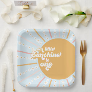 Plato De Papel Nuestro Pequeño Sol boho floral primer cumpleaños 