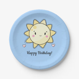 Plato De Papel Nuestro pequeño sol feliz cumpleaños azul