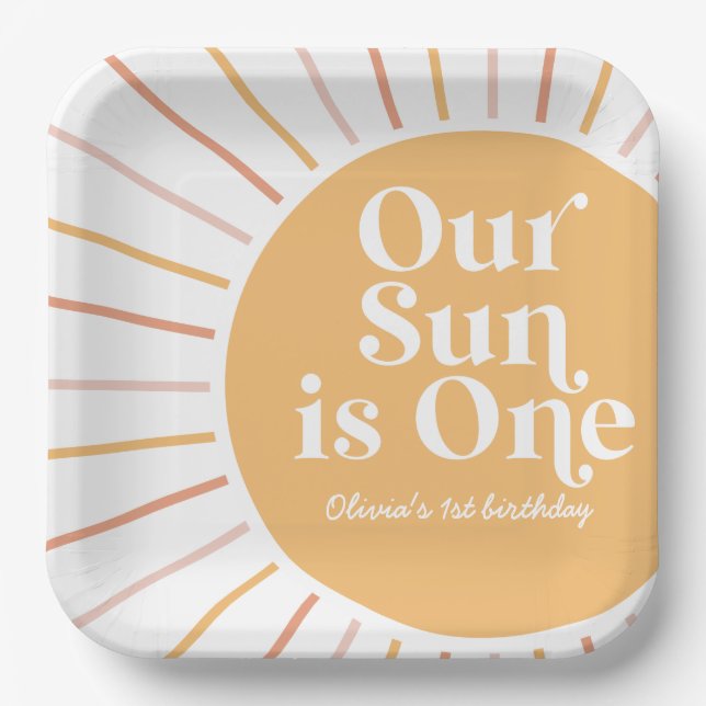 Plato De Papel Nuestro Sol es un cumpleaños boho soleado (Anverso)
