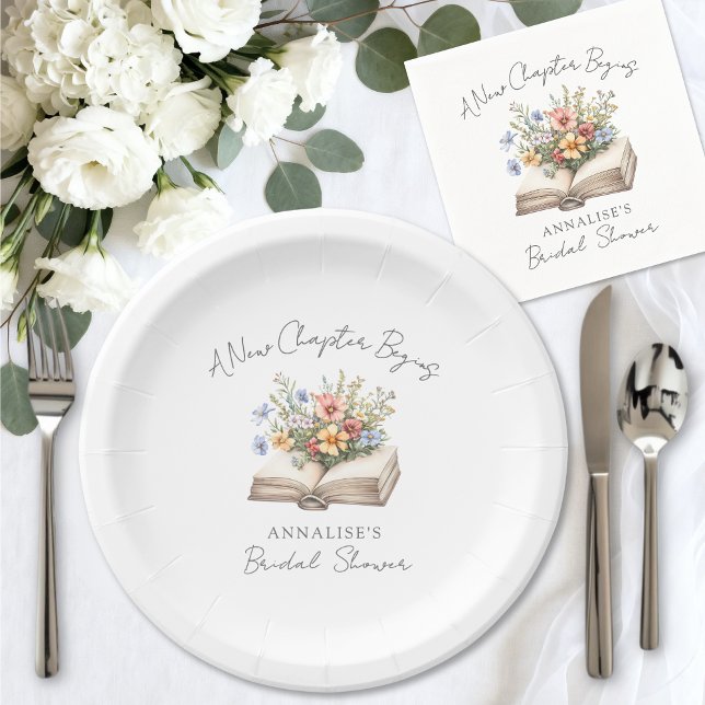 Plato De Papel Nueva Capilla Floral Libro Despedida de Soltera (New Chapter Floral Book Bridal Shower Paper Plates)