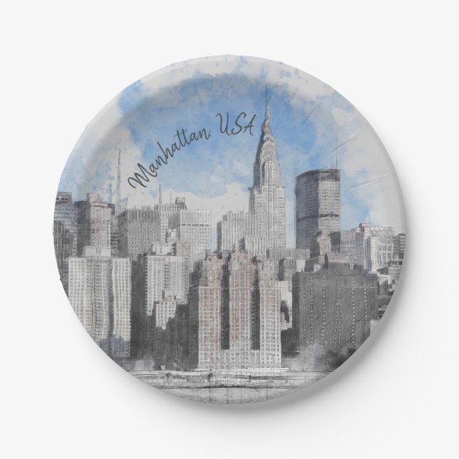 Plato De Papel Nueva York City Manhattan Skyline - Moderno (Anverso)