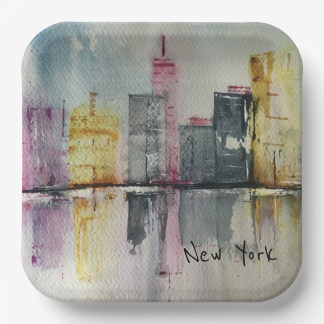 Plato De Papel Nueva York NYC Skyline Cityscape arte original (Anverso)