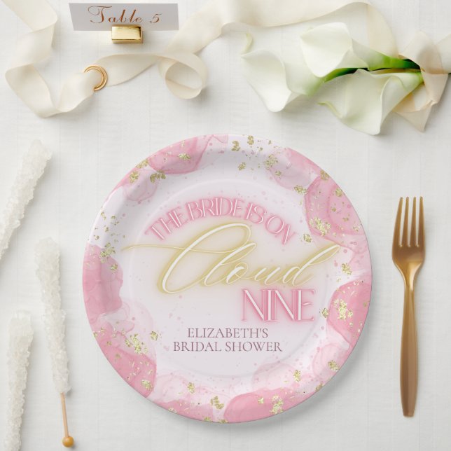 Plato De Papel Nueve Nueve Purpurinas de oro rosa brillante ducha (Boda)